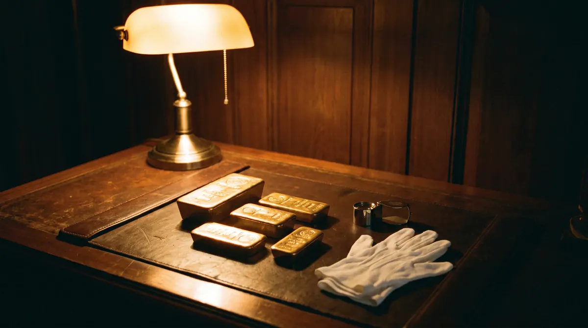 Gold bars and coins on a private dealing desk with loupe and gloves