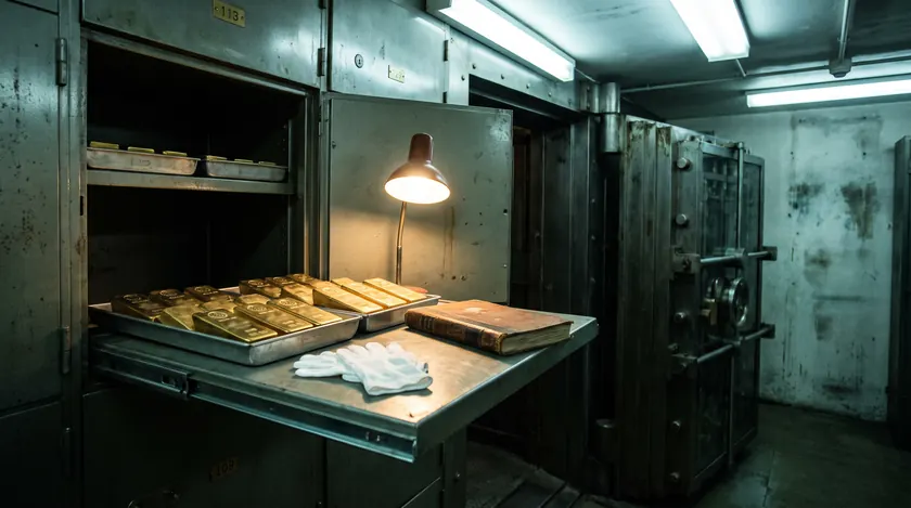 Gold bars on trays in a private vault, buying gold bullion